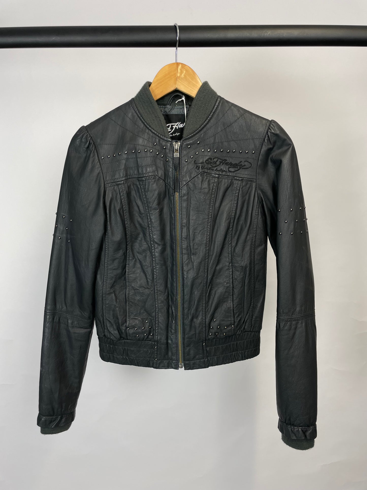 Ed Hardy by Christian Audigier 90s Black Leather Jacket