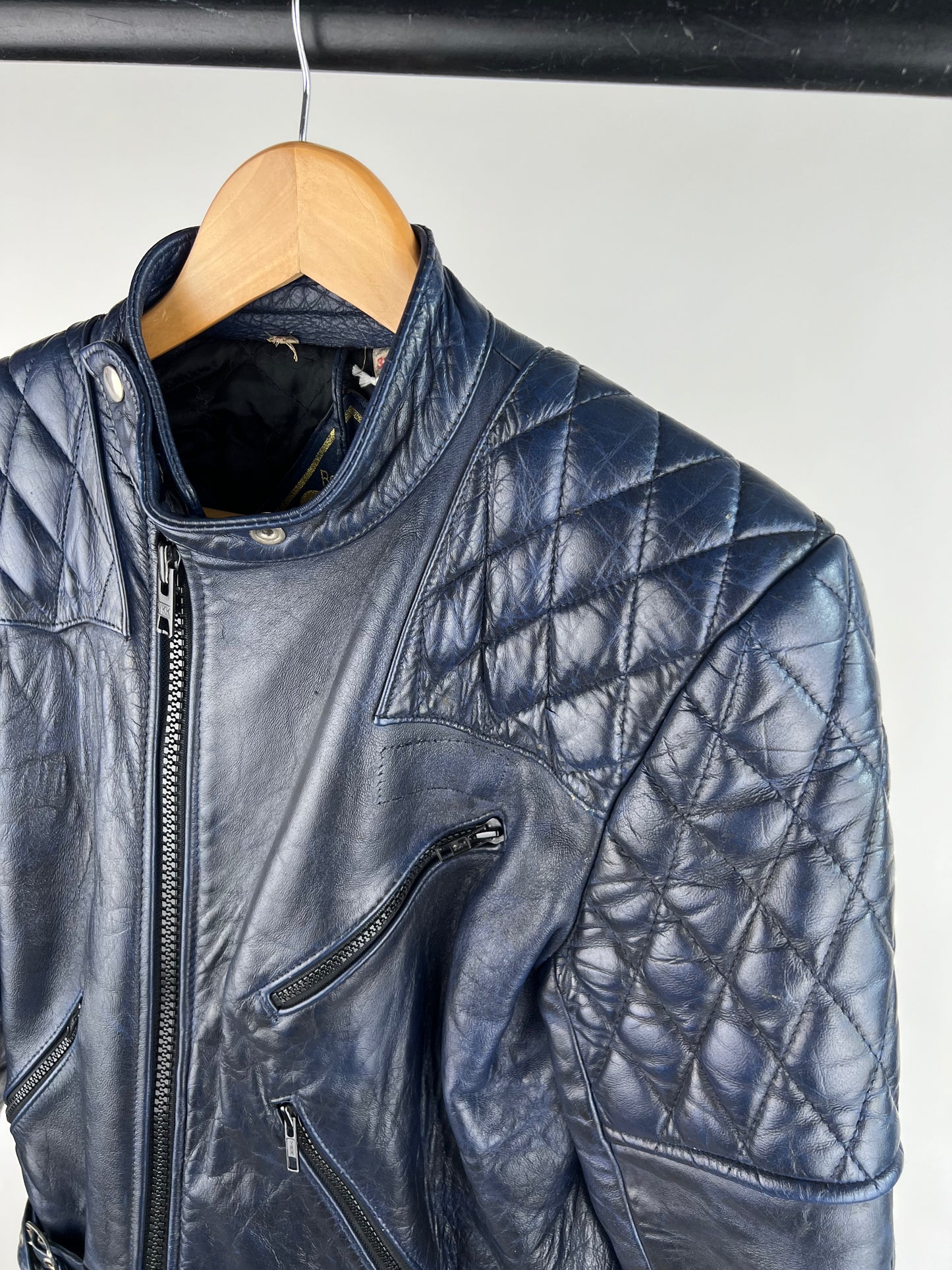 Vintage 80s Navy Leather Motorbike Jacket