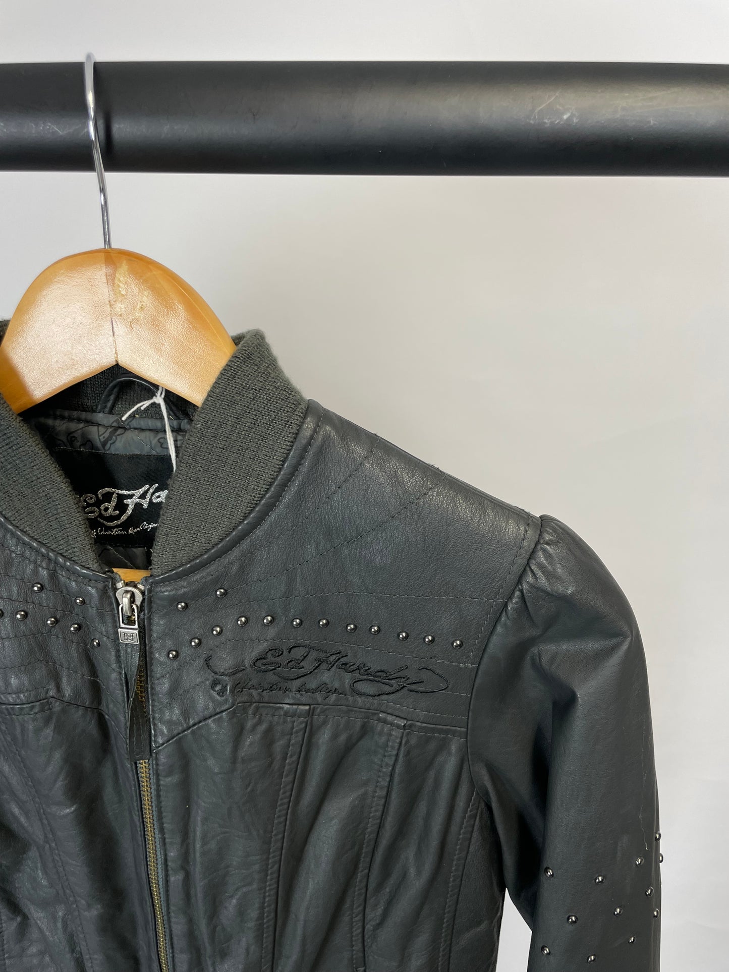 Ed Hardy by Christian Audigier 90s Black Leather Jacket