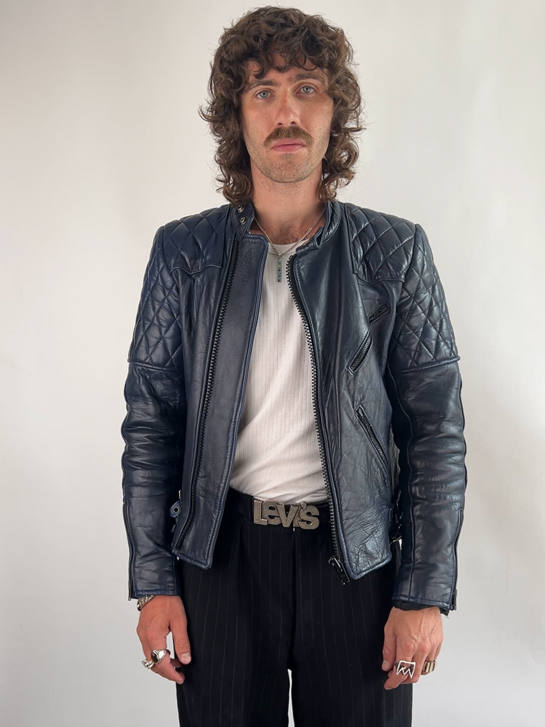 Vintage 80s Navy Leather Motorbike Jacket