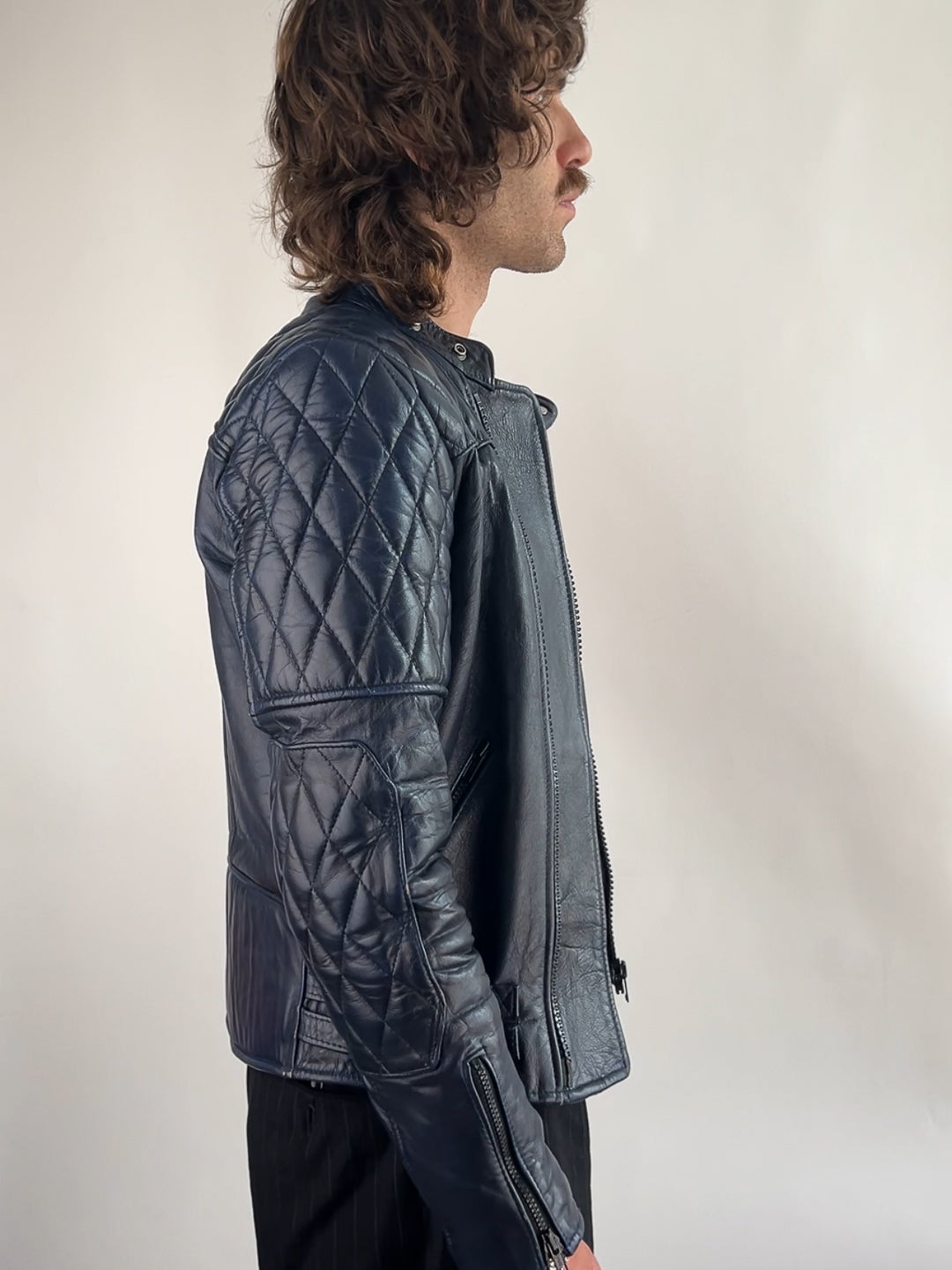 Vintage 80s Navy Leather Motorbike Jacket