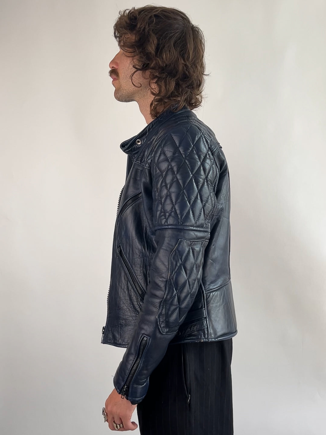 Vintage 80s Navy Leather Motorbike Jacket
