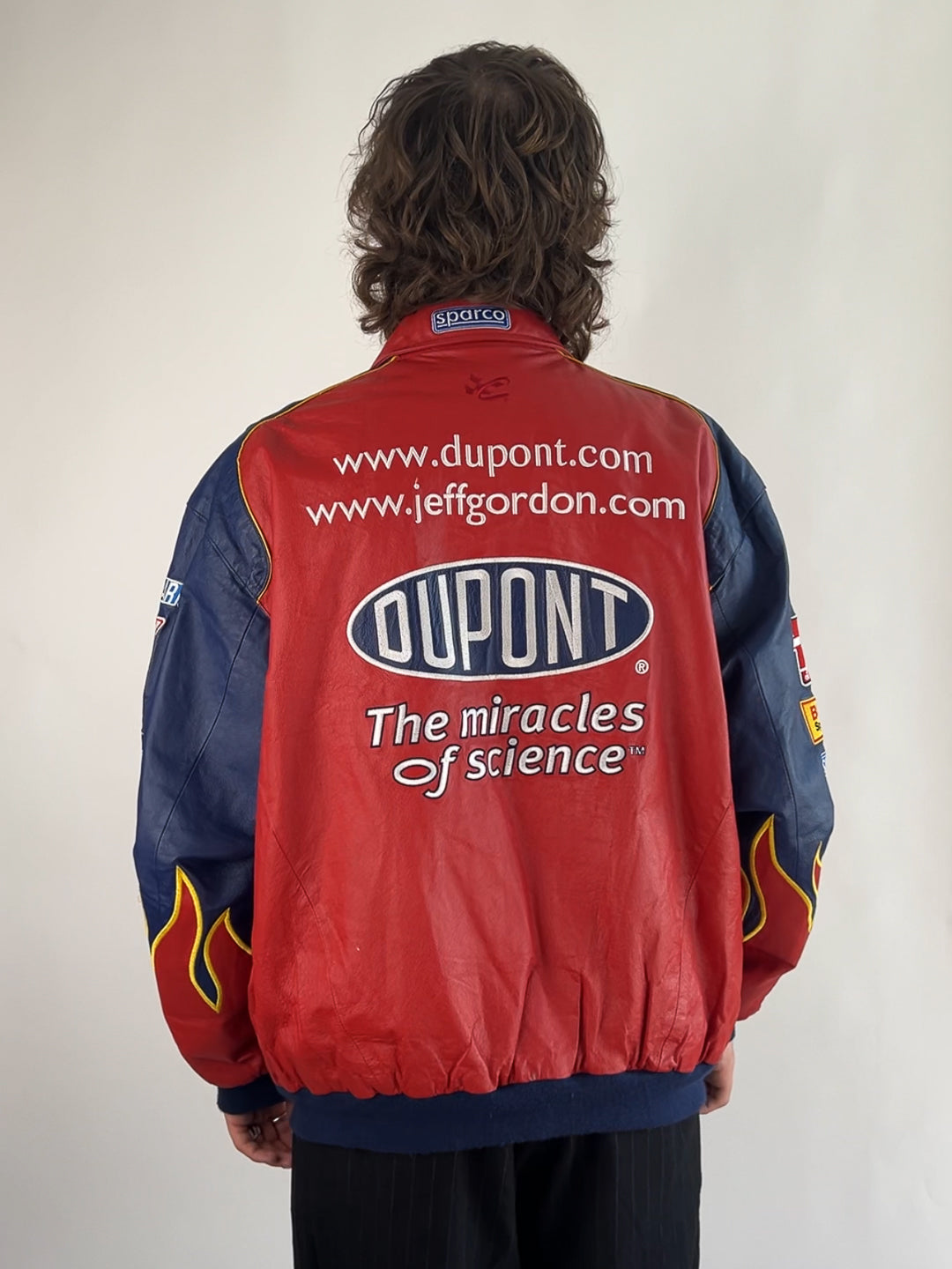 Vintage 90s Dupont Flame Leather Nascar Jacket