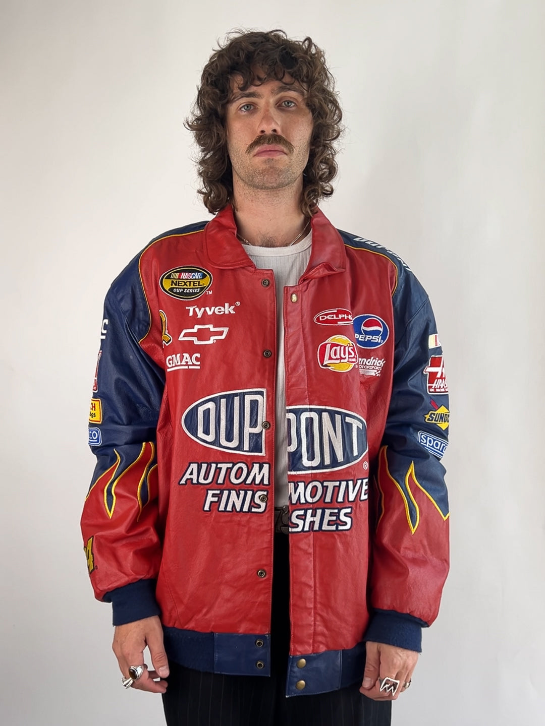Vintage 90s Dupont Flame Leather Nascar Jacket