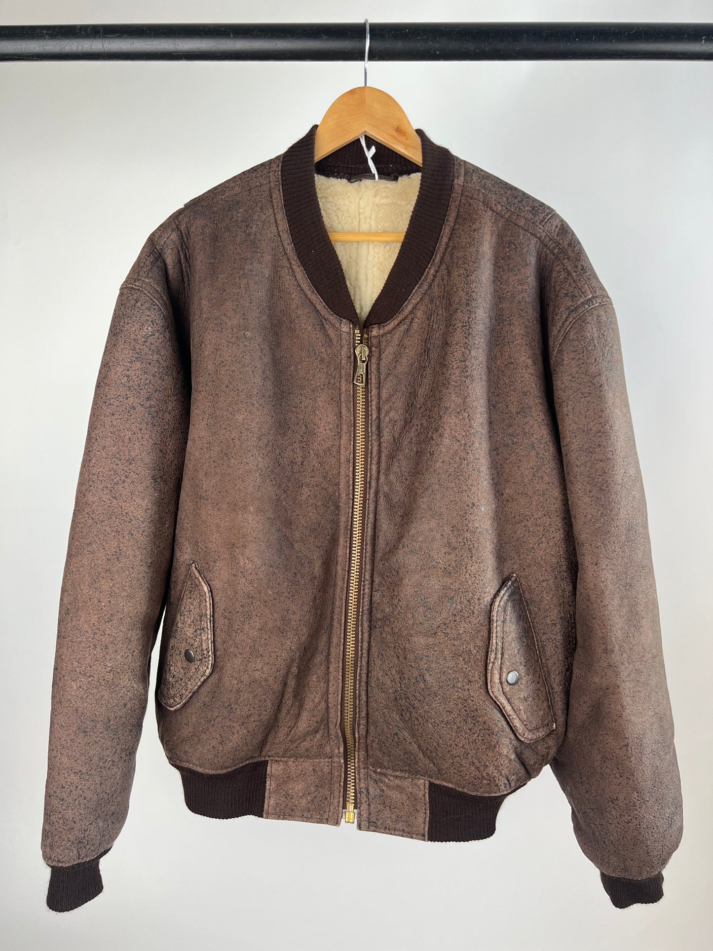 Vintage 80s Leather Sheepskin Bomber Jacket