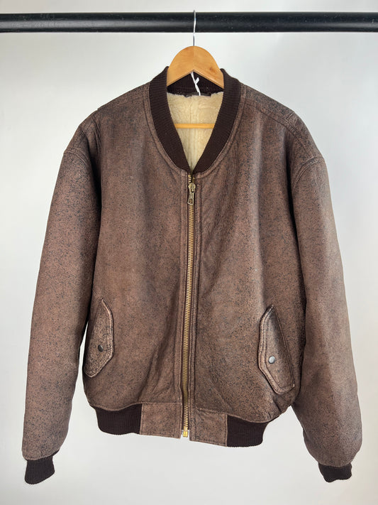 Vintage 80s Leather Sheepskin Bomber Jacket