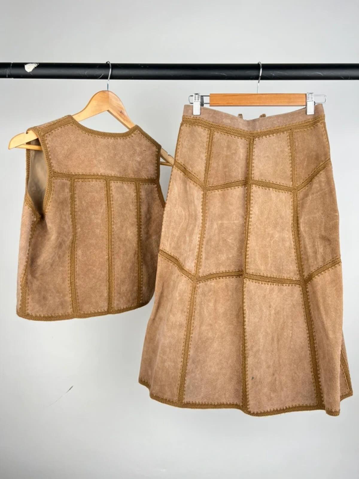 Vintage 60s Suede Whipstich Two Piece Skirt Suit
