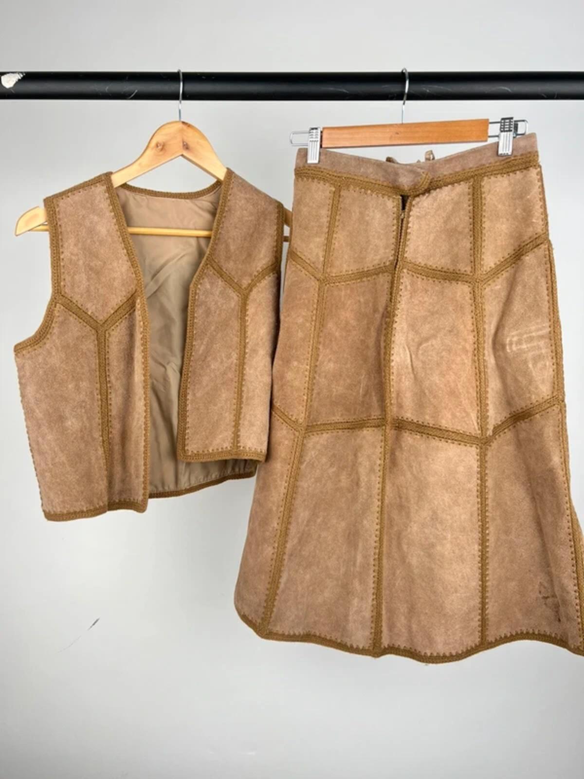 Vintage 60s Suede Whipstich Two Piece Skirt Suit