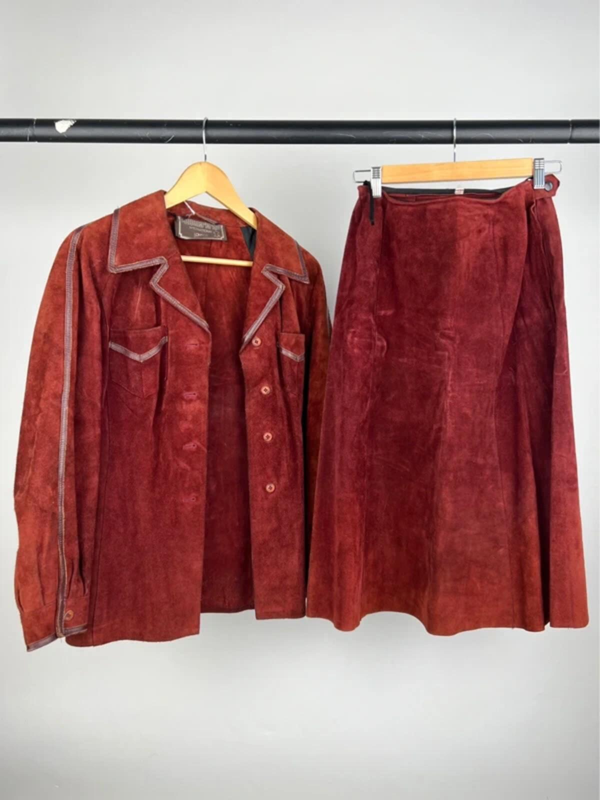Vintage 60s Suede Two Piece Skirt Suit