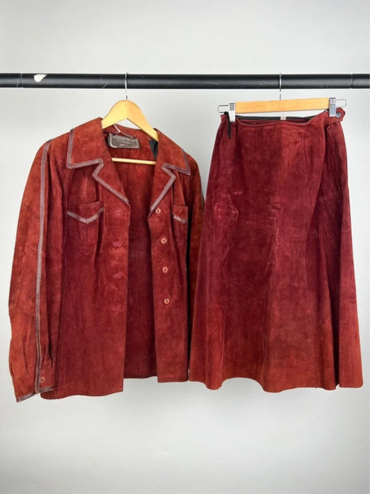 Vintage 60s Suede Two Piece Skirt Suit