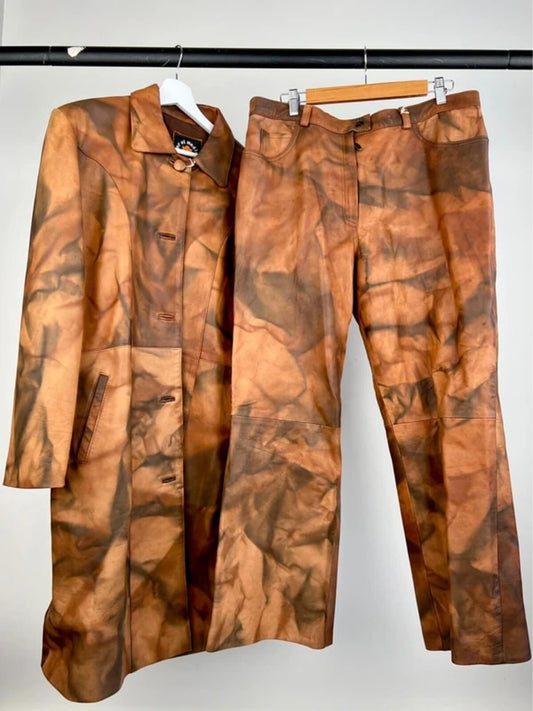 Vintage 90s Two Piece Camo Leather Trench Suit