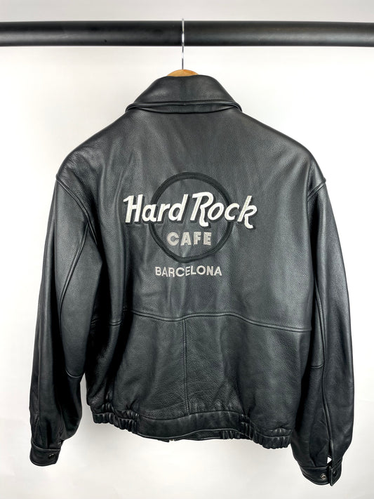 Vintage 90s Hard Rock Cafe Barcelona Bomber Leather Jacket