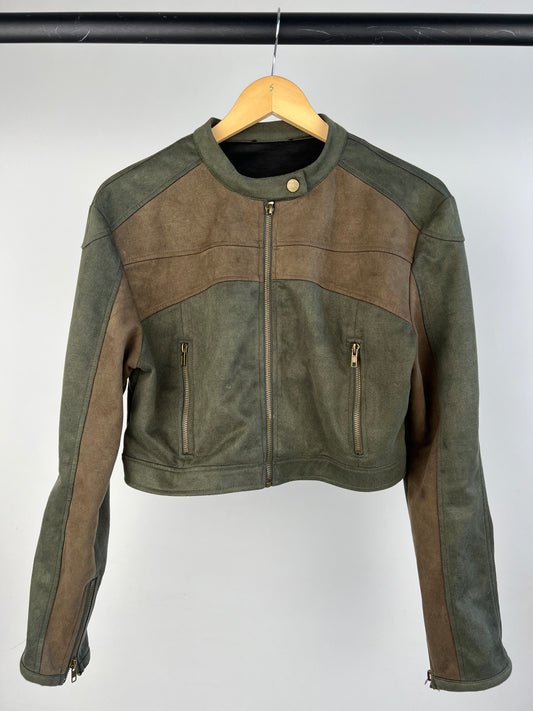 Two Tone Faux Suede Cropped Bomber Jacket