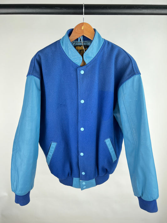 Two Tone Blue 90s Leather Varsity Jacket