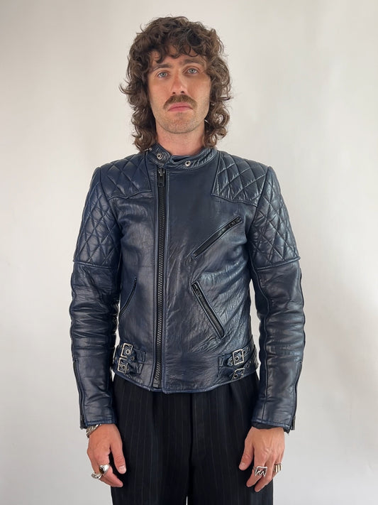 Vintage 80s Navy Leather Motorbike Jacket
