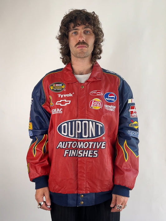 Vintage 90s Dupont Flame Leather Nascar Jacket