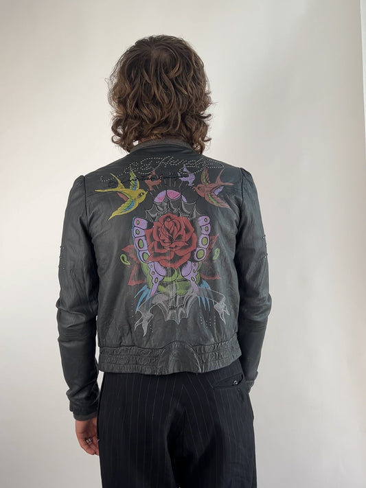 Ed Hardy by Christian Audigier 90s Black Leather Jacket